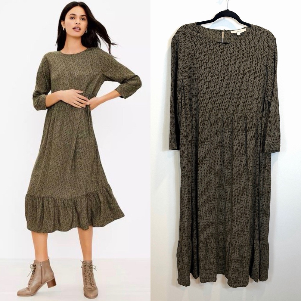 LOFT Olive Green Printed Maxi Dress